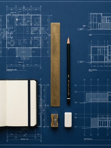 Overhead flat-lay of high-quality stationery, brass ruler, and a single sharp pencil on a clean blueprint, soft north-facing daylight, minimalist editorial photography