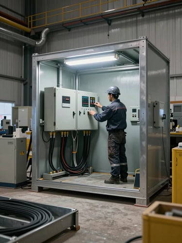 Wide environmental shot of an active industrial job site: a technician mounting a control panel inside a metal enclosure, fluorescent work lighting overhead, conduit runs visible along the wall, concrete floor with cable trays in the foreground
