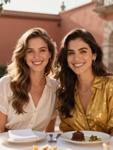 Retrato cálido de dos mujeres fundadoras sonriendo juntas en un patio soleado de Veracruz, luz natural suave de la tarde, ambiente acogedor y elegante