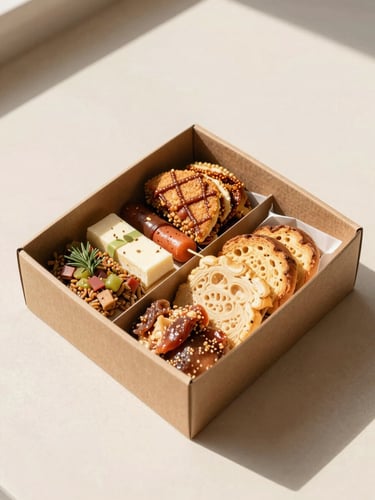 Clean overhead flatlay of a custom box lunch with gourmet snacks, neatly arranged in a minimalist cardboard box, warm natural daylight.