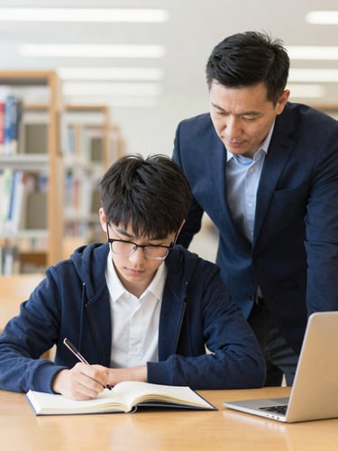 Portrait shot of a focused student working with a mentor in a bright university library, natural daylight, soft bokeh background