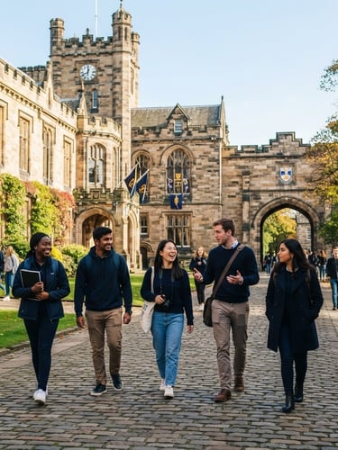 Diverse international students walking on a historic European university campus, bright natural daylight, crisp and optimistic, with a wide environmental shot, rich navy and gold tones.