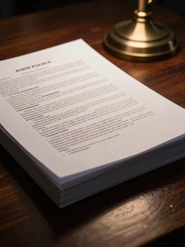 Dramatic close-up of thick legal briefs with highlighted text on a dark wooden desk, warm desk lamp casting high-contrast shadows, cinematic editorial style, 35mm