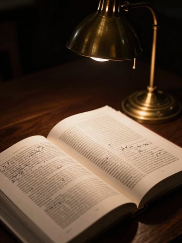 Macro shot of open legal books and handwritten case notes under a warm brass desk lamp, dramatic shadows, deep charcoal background, cinematic editorial style