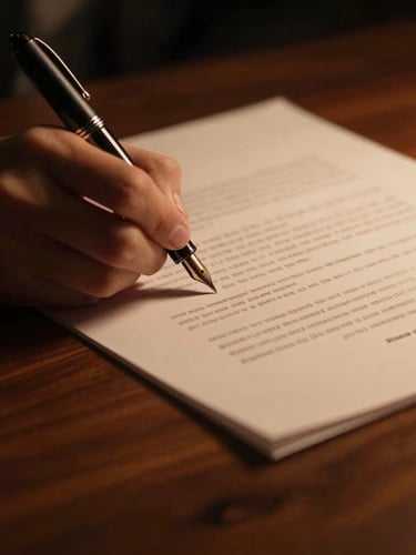 Close-up macro shot of a fountain pen signing official legal documents on a heavy dark oak desk, dramatic low-key lighting, warm amber tones, 35mm cinematic