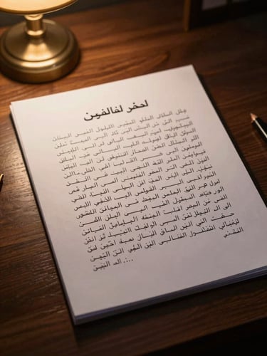 Dramatic close-up of a legal brief with highlighted Arabic text on a dark wooden desk, warm desk lamp casting long shadows, 35mm cinematic editorial style