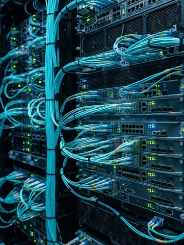 Cool-toned technical photography of high-end core routers with fiber optic patch cables glowing in cyan, sharp LED indicators, 35mm lens