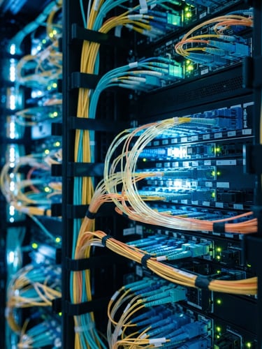 Cool-toned technical photography, sharp server room LED lighting, high contrast, macro details of fiber optics, 35mm lens