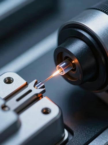 Macro close-up of a precision fiber optic fusion splicer holding a glass core, subtle orange laser glow, cool-toned technical environment, sharp focus, 35mm lens.
