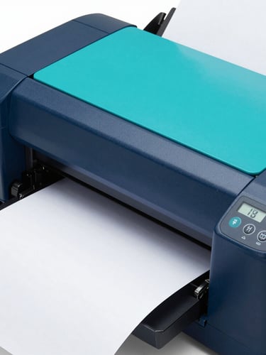 Close-up of high-speed digital printer in action, crisp paper output, bright high-key studio lighting, cyan and navy tones, sharp focus, 35mm lens