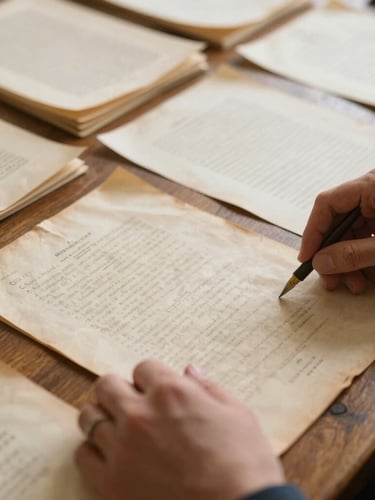 Close-up of hands meticulously organizing historical documents on a large wooden table, warm editorial photography, soft diffused library light, aged parchment tones.