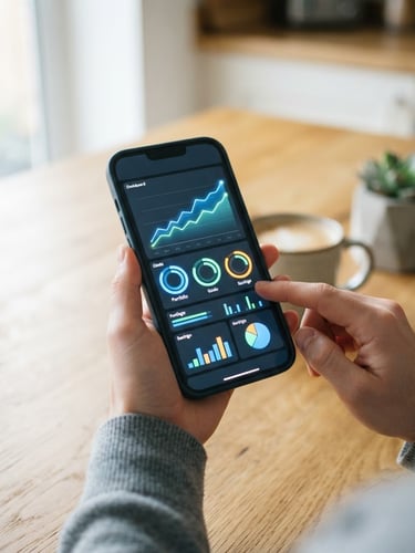 Close-up of a smartphone screen showing a clean financial dashboard held by a person at a bright kitchen table, natural daylight, shallow depth of field, 50mm