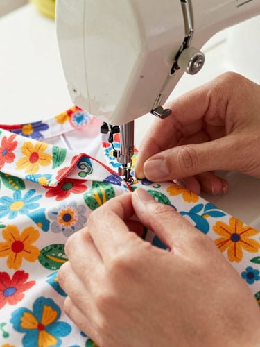 Close-up of hands carefully sewing a colorful floral fabric pet shirt on a vintage sewing machine, bright warm natural daylight, rich fabric textures, shallow depth of field