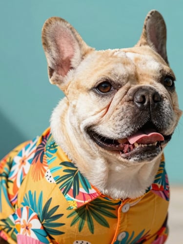 Bright editorial portrait of a happy, stocky French Bulldog wearing a custom colorful tropical shirt, warm natural daylight, teal background, close-up.