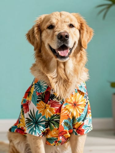 Bright editorial photo of a happy golden retriever wearing a colorful tropical Hawaiian shirt, sitting comfortably in warm natural daylight, soft teal background.