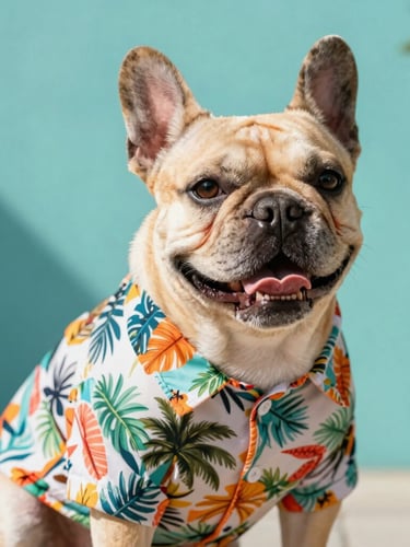 Bright editorial photography of a happy French Bulldog wearing a colorful miniature tropical shirt, warm natural daylight, teal backdrop, rich fabric textures