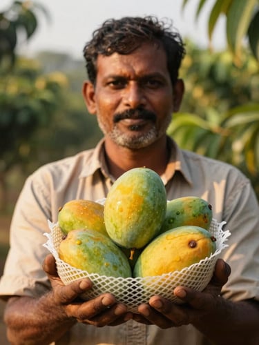 Close-up portrait of an Indian mango farmer in a sunny orchard, holding a freshly harvested mango wrapped in a protective Kavach bag, warm golden-hour light