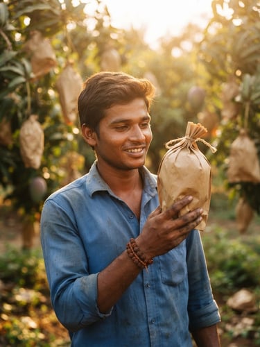 Medium close-up of a young Indian mango farmer holding a freshly bagged mango in an orchard, golden-hour sunlight filtering through leaves, 35mm photography