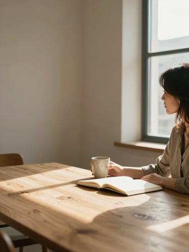 Wide environmental shot from the right edge — a woman seated at a light wooden table near a tall window, daylight streaming in from the right, an open notebook and ceramic mug in front of her, warm interior tones, unhurried and calm, face not visible