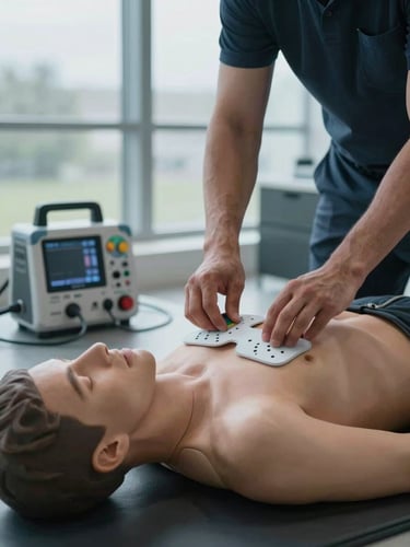 Medium environmental shot, an instructor's hands positioning a defibrillator DEA electrode on a training mannequin chest in a clinical training room, cool overcast daylight from the left, equipment cables and AED device clearly visible in active use, matte dark floor, no warm tones, high contrast clinical aesthetic