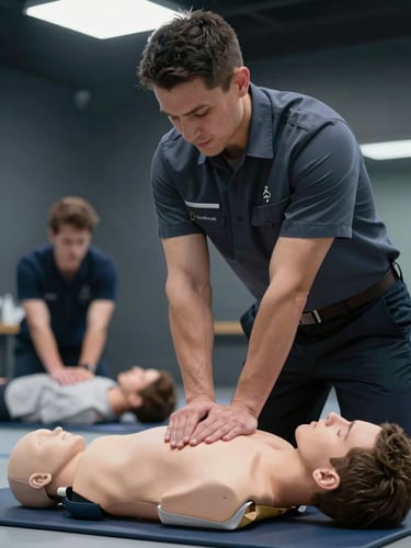 Medium shot from behind, a uniformed instructor leaning forward with both hands guiding a trainee's hand placement on a CPR mannequin during a simulation exercise, clinical training room with dark walls, cold studio strobe lighting from above creating sharp shoulder highlights, another trainee observing in soft focus background, no smiles, concentrated focus on technique
