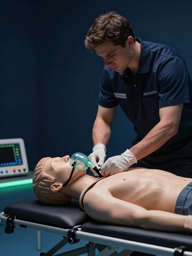 Close-medium frame, cool studio strobe light: gloved hands of a paramedic applying a cervical collar to a mannequin on a training stretcher, oxygen mask and monitoring equipment visible on the surface beside the stretcher, deep navy background with a thin slice of clinical green accent light cutting across the lower third, surgical clarity, no warm tones, cinematic contrast