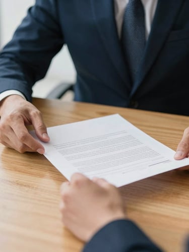 Close-up of hands reviewing a clean contract document on a warm wooden table in a bright, modern office, natural daylight, soft shadows, 35mm photography