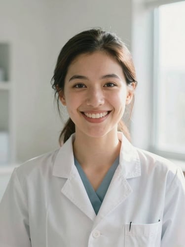 Medium portrait of a friendly female orthodontist smiling warmly in a bright modern office, soft natural window light, pastel tones, shallow depth of field, 35mm