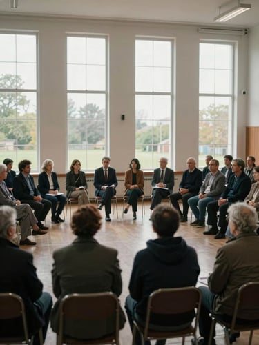 Wide environmental shot of a community assembly hall, rows of seated citizens engaged in civic dialogue, overcast natural light through tall windows, purposeful and serious atmosphere, documentary framing from the back of the room
