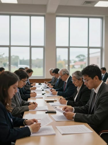 Wide environmental shot inside a civic assembly hall, several citizens seated around a long table reviewing printed documents, overcast daylight through tall windows, purposeful and attentive atmosphere, no flags or religious symbols