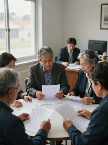 Environmental medium shot of a small community gathering around a round table, adults reviewing printed documents together, overcast daylight from a side window, faces attentive and purposeful, civic office context visible in background