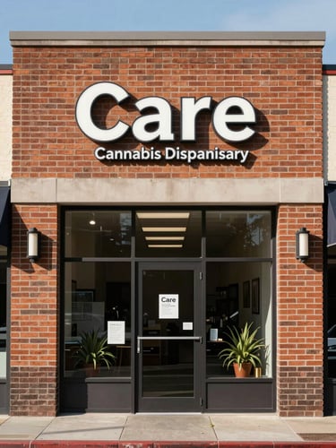 Straight-on architectural photograph of the clean brick storefront of Care Cannabis Dispensary at 63 O St NE under bright, natural daytime light, showing clear signage and an inviting, professional entrance.