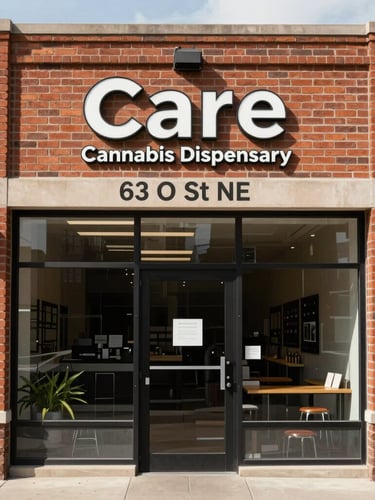 Straight-on architectural photograph of the brick storefront of Care Cannabis Dispensary at 63 O St NE, clean daytime lighting, clear street number signage.