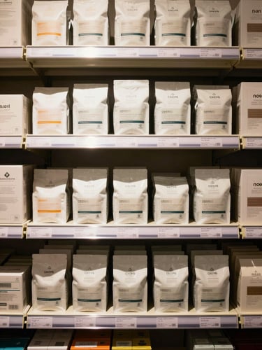 Warm interior lighting highlighting clean retail shelving with compliant, clearly labeled product packaging, straight-on eye-level framing.