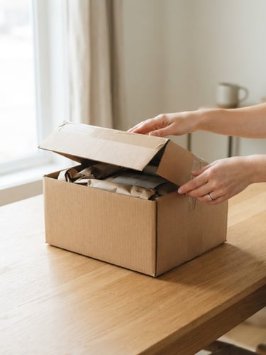 bright clean product photography of a cardboard delivery box being opened on a clean wooden table, soft natural daylight, minimalist neutral background, sharp focus, 35mm