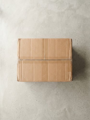 A top-down view of a real cardboard shipping box on a clean concrete floor in a Brazilian home, soft natural morning light from a nearby window, minimalist setting, sharp focus
