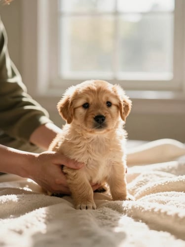 Warm interior scene of hands gently holding a small golden puppy on a soft cream blanket, natural window light, shallow depth of field