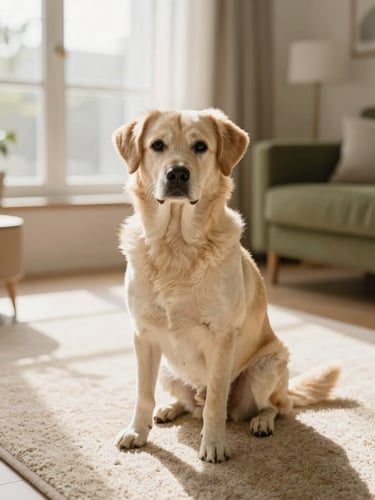 A beautiful adult dog sitting elegantly on a soft beige rug in a sunlit modern living room, warm editorial photography, soft window light, rich cream and olive tones, 35mm
