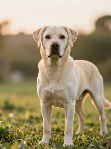 Warm portrait of a beautiful adult dog standing proudly in a lush green garden during golden hour, soft focus background, 35mm