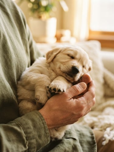 Warm editorial portrait of a small puppy sleeping peacefully in a person's hands, soft golden-hour window light, rich cream background, shallow depth of field, 35mm