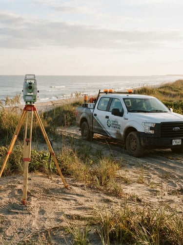 A branded survey vehicle parked on a coastal South Carolina dune at early morning golden hour, a robotic total station tripod set up on the left third, crisp daylight, desaturated coastal tones, sharp focus, 35mm lens.