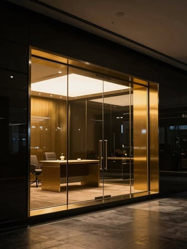 Cinematic luxury office interior in Dubai, low-key dramatic lighting, gold reflections on dark glass and brushed steel, 35mm