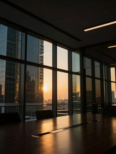 Dramatic architectural low-key photo of a modern Dubai boardroom, golden-hour light cutting through dark glass, sharp metallic gold reflections, 35mm