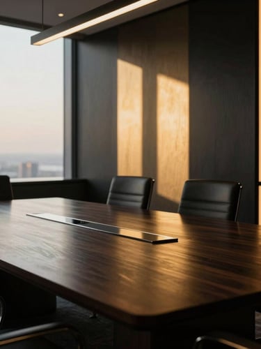 Cinematic luxury corporate boardroom in Dubai, dramatic golden-hour window shafts cutting through dark wood and brushed brass, shallow depth of field, 35mm
