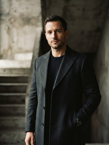 Editorial medium-close shot of a man wearing a structured charcoal wool coat in a minimalist concrete architectural space, moody natural side-light, sharp focus, 85mm lens