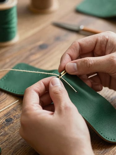 A close-up of hands carefully stitching dark green leather with thick cream thread on a rustic wooden table, soft natural side lighting.