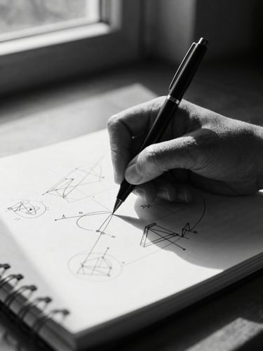 High-contrast black and white close-up of hands writing complex diagrams in a physical notebook, strong directional light creating deep shadows, focus on the details of the pen and paper, in a modern workspace.