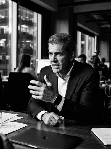 Candid black and white portrait of a tech executive, mid-discussion, in a modern, high-contrast office, harsh directional window light, deep shadows, 35mm film grain, focus on intensity and experience.