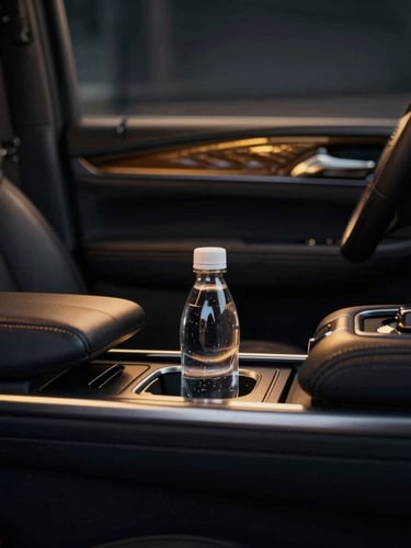 Macro detail shot of the luxurious leather interior of a 2026 Cadillac Escalade cabin, ambient gold lighting, cold bottled water visible in the console