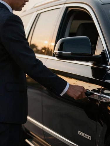 Close-up of a chauffeur in a tailored dark suit opening the door of an immaculate black Escalade, golden hour light reflecting off the chrome details, shallow depth of field